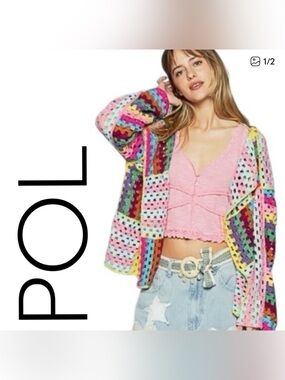 POL Multicolor Crochet Patchwork Cardigan in Pink, Aqua, Yellow & Brown ⭐️NWOT⭐️